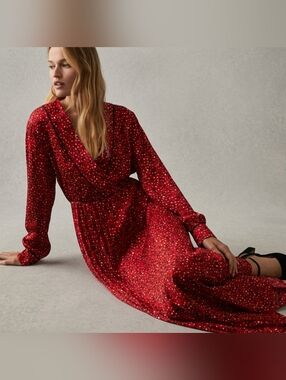 Scotch & Soda Sz M Red Long Sleeve Pleated Maxi Dress Cottagecore Party Evening